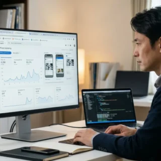 アフィリエイト広告事業のM&A・会社売却に向けて、経営者がPCでWebメディアの成果データを確認する様子を表現した実写風画像。