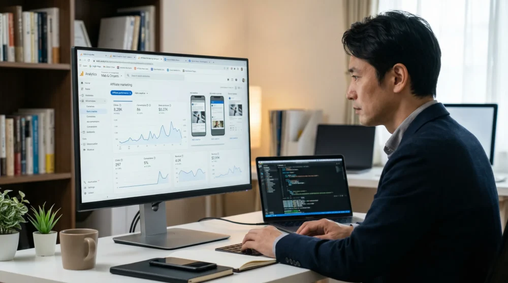 アフィリエイト広告事業のM&A・会社売却に向けて、経営者がPCでWebメディアの成果データを確認する様子を表現した実写風画像。