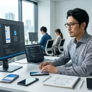 アプリ開発会社のM&A・会社売却で、開発チームと技術を引き継ぐイメージ。最新オフィスで働く日本人技術者。