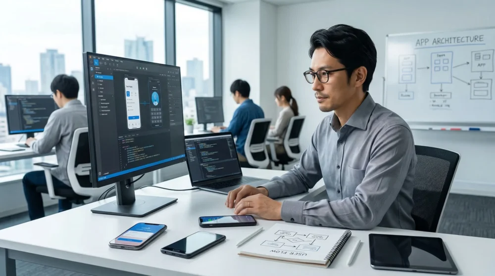 アプリ開発会社のM&A・会社売却で、開発チームと技術を引き継ぐイメージ。最新オフィスで働く日本人技術者。