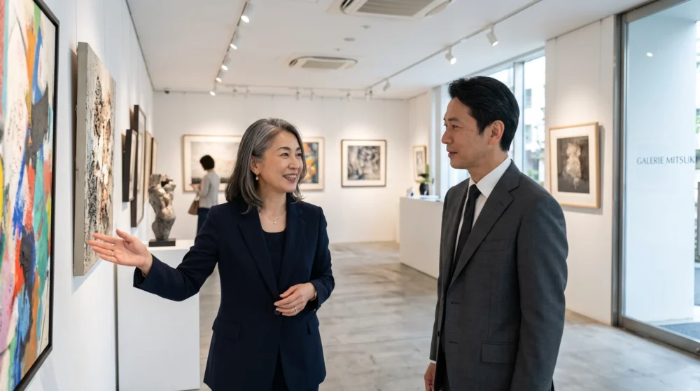 アートギャラリーのM&Aや会社売却に向け、絵画や美術品が並ぶ展示空間で事業承継を協議するイメージ写真