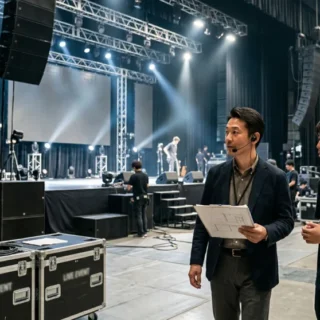 イベント会社のM&A・会社売却に向け、華やかなステージ裏で設営状況を指揮する経営者の写真。