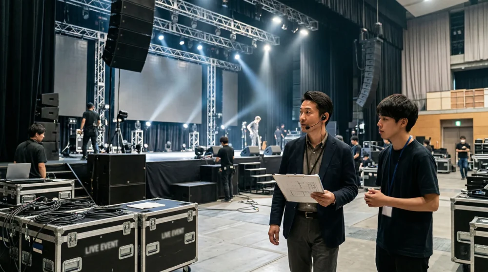 イベント会社のM&A・会社売却に向け、華やかなステージ裏で設営状況を指揮する経営者の写真。