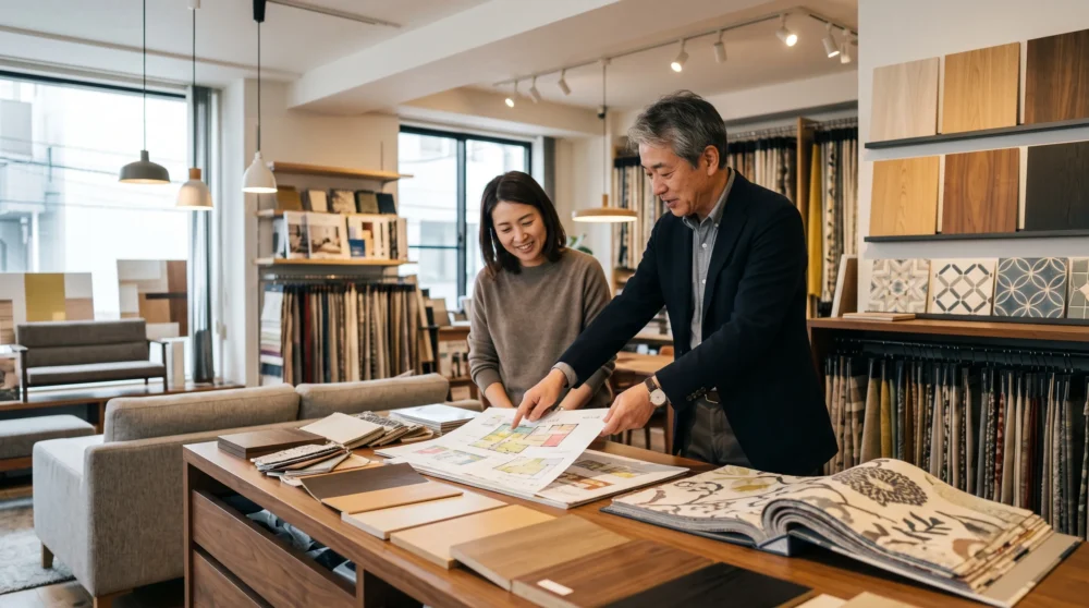 インテリア業界のM&Aや会社売却でショールームでのご提案と経営を引き継ぐ事業承継のイメージを表す店内写真