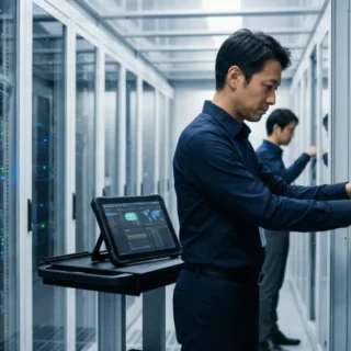 インフラ系ソフト業界のM&A・会社売却で、橋梁や高速道路の建設現場にてシステムを運用する経営者を描いた実写風の写真