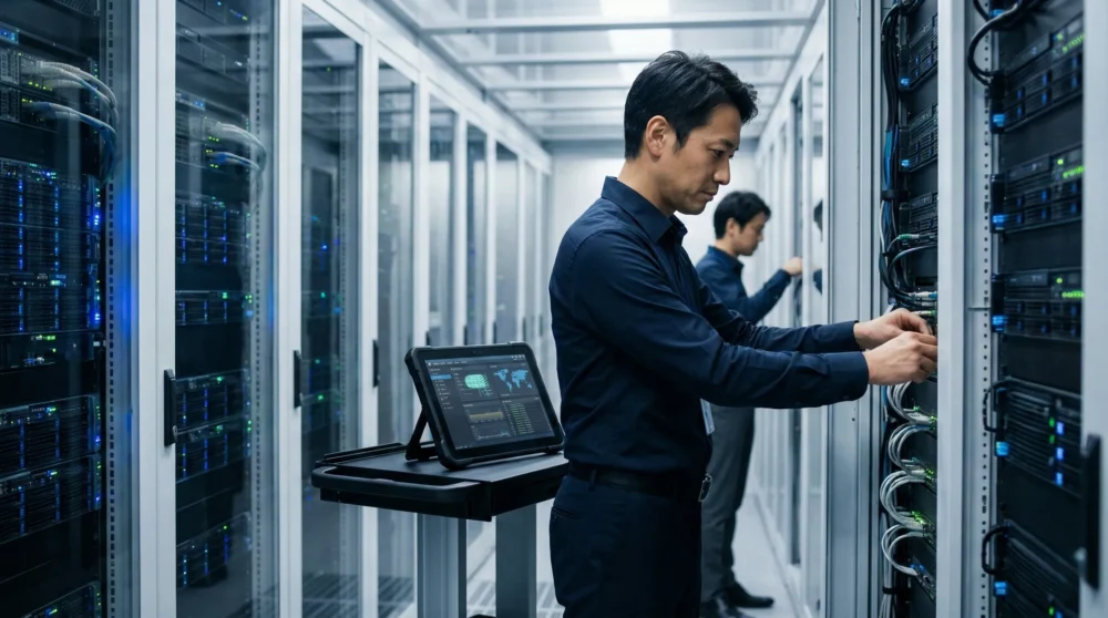 インフラ系ソフト業界のM&A・会社売却で、橋梁や高速道路の建設現場にてシステムを運用する経営者を描いた実写風の写真