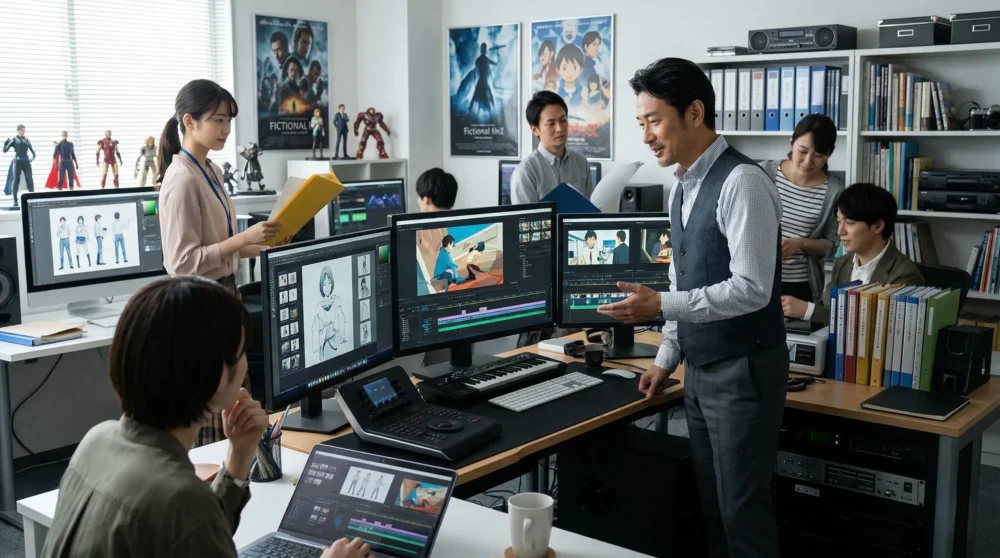 エンタメ・コンテンツ業界のM&Aと会社売却における、制作スタジオの活気とクリエイターを伝えるイメージ写真。