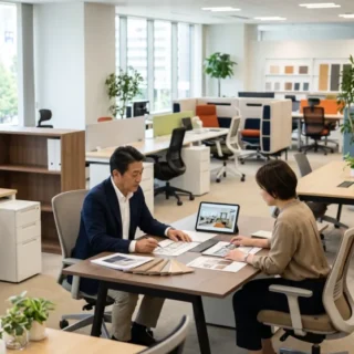 オフィス家具業界のM&A・会社売却で、ショールームの事業と従業員を引き継ぐ事業承継のイメージを表す写真。