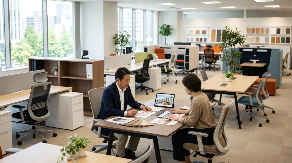 オフィス家具業界のM&A・会社売却で、ショールームの事業と従業員を引き継ぐ事業承継のイメージを表す写真。