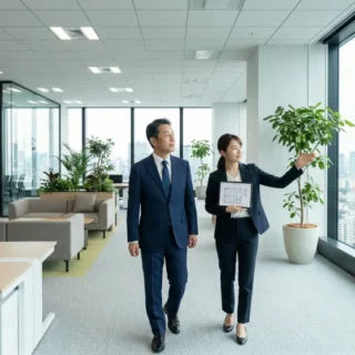 都心の高層ビルにあるオフィス賃貸物件を視察する経営者とエージェントの姿。オフィス賃貸業のM&Aと会社売却における、信頼できる事業承継のイメージ。