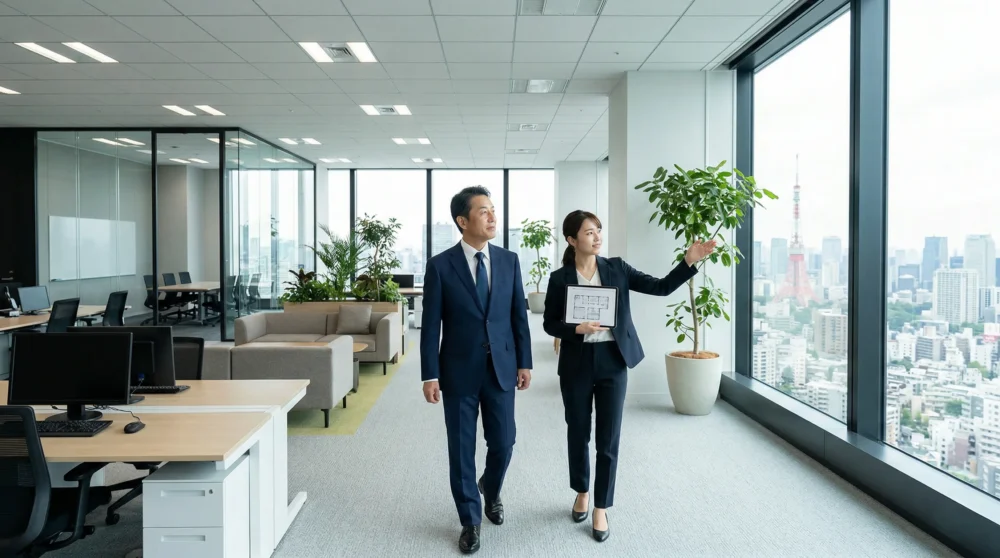 都心の高層ビルにあるオフィス賃貸物件を視察する経営者とエージェントの姿。オフィス賃貸業のM&Aと会社売却における、信頼できる事業承継のイメージ。