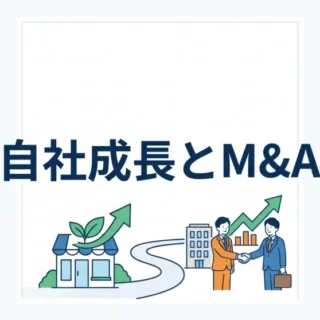 自社のオーガニックグロースとM&Aを組み合わせた成長戦略をイメージしたビジネスイラスト