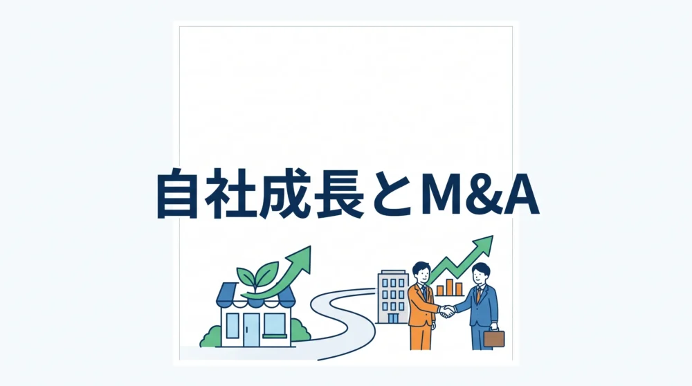 自社のオーガニックグロースとM&Aを組み合わせた成長戦略をイメージしたビジネスイラスト