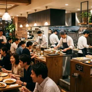 カジュアルレストランのM&A・会社売却における事業承継をイメージし、賑わう店内や厨房で料理を作るシェフを捉えた写真