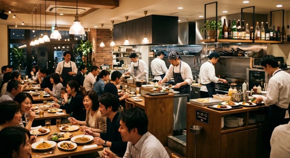 カジュアルレストランのM&A・会社売却における事業承継をイメージし、賑わう店内や厨房で料理を作るシェフを捉えた写真