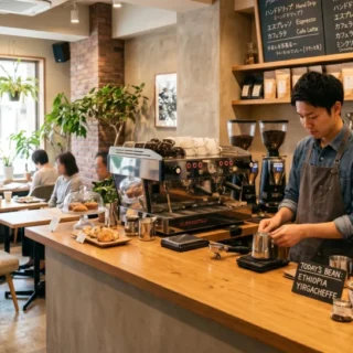 カフェ・喫茶店のM&Aや会社売却において、洗練されたカウンターやコーヒーマシンなどの店舗資産を引き継ぐイメージ画像