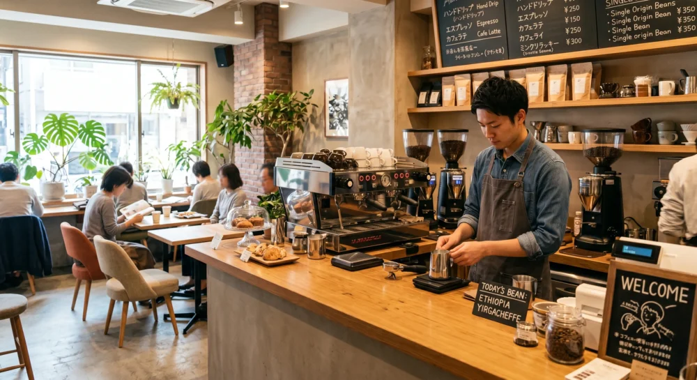 カフェ・喫茶店のM&Aや会社売却において、洗練されたカウンターやコーヒーマシンなどの店舗資産を引き継ぐイメージ画像