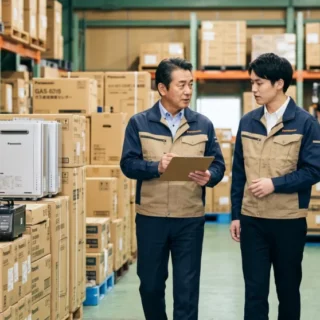 ガス機器卸売業のM&A・会社売却を検討する経営者に向けた、最新の給湯器やコンロが並ぶ倉庫とオーナーの実写風イメージ