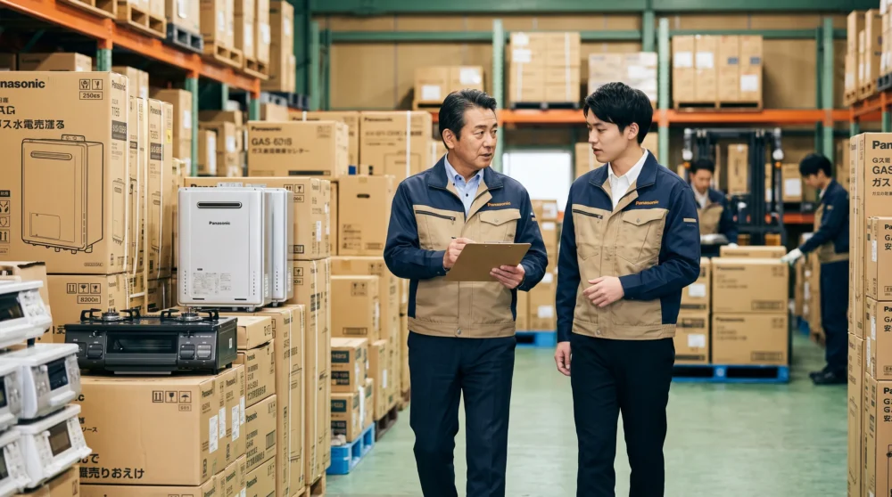 ガス機器卸売業のM&A・会社売却を検討する経営者に向けた、最新の給湯器やコンロが並ぶ倉庫とオーナーの実写風イメージ