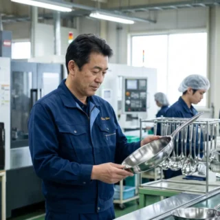 キッチン用品メーカーのM&A・会社売却で事業承継や技術継承を進める職人と調理器具のイメージ