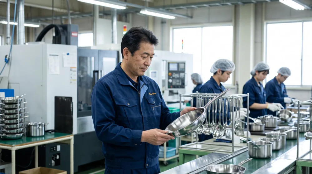 キッチン用品メーカーのM&A・会社売却で事業承継や技術継承を進める職人と調理器具のイメージ