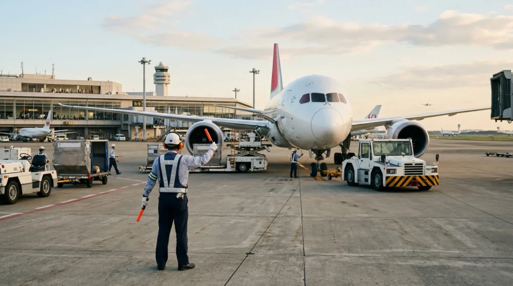 グランドハンドリング会社のM&A・会社売却に向けて、空港エプロンで航空機を誘導する熟練スタッフの姿を描いた実写風写真。
