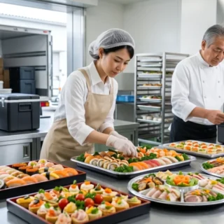 ケータリング会社のM&A・会社売却。イベント会場でのビュッフェ料理の準備とプロの日本人スタッフを描く事業承継のイメージ。