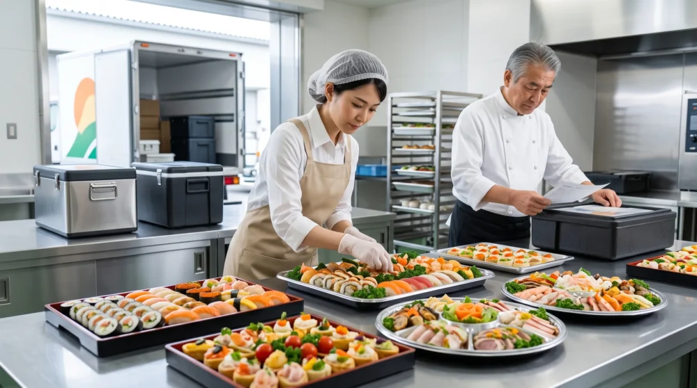 ケータリング会社のM&A・会社売却。イベント会場でのビュッフェ料理の準備とプロの日本人スタッフを描く事業承継のイメージ。