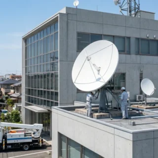 複数の衛星アンテナが並ぶケーブルテレビ会社の放送センターで、設備の保守作業を行う様子。M&Aや会社売却による事業承継をイメージ。