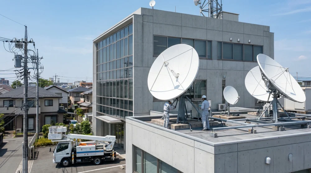 複数の衛星アンテナが並ぶケーブルテレビ会社の放送センターで、設備の保守作業を行う様子。M&Aや会社売却による事業承継をイメージ。