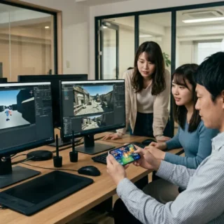 ゲームアプリ開発業のM&A・会社売却に向けて、オフィスで開発と実機テストを行う日本人チームの様子。