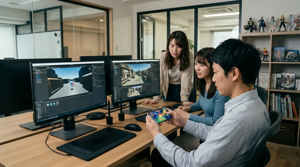 ゲームアプリ開発業のM&A・会社売却に向けて、オフィスで開発と実機テストを行う日本人チームの様子。