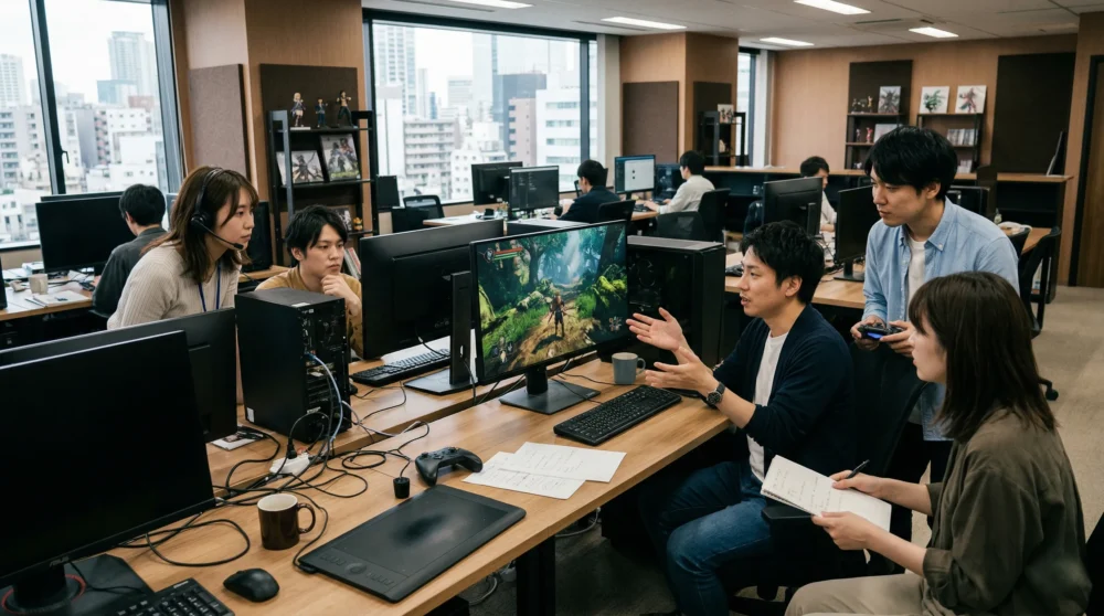 ゲームソフト開発会社のM&A・会社売却に向けて、オフィスで議論するクリエイターたちの実写風イメージ