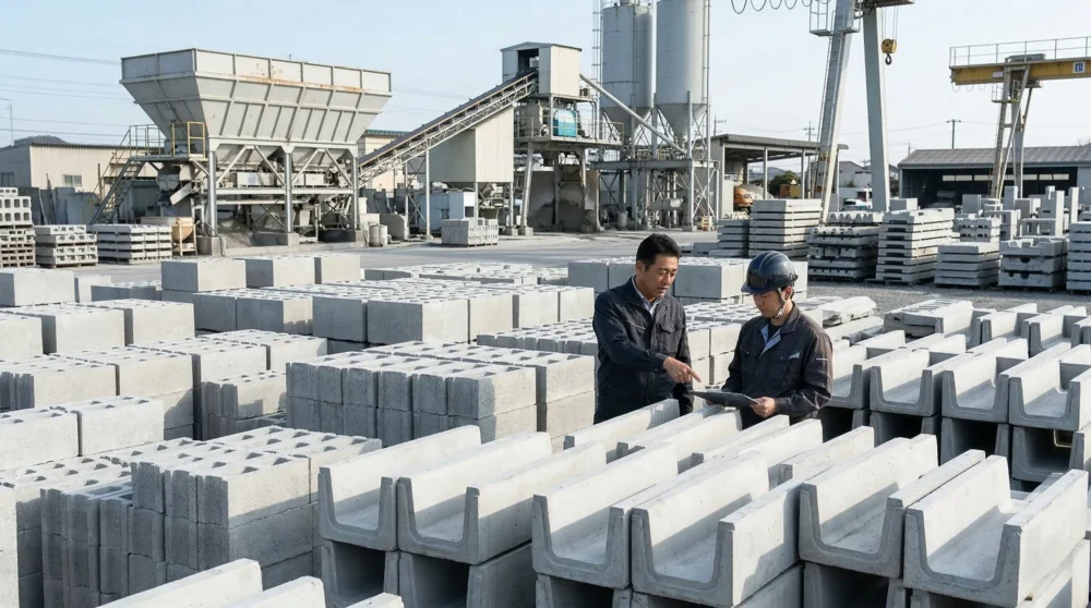 コンクリート建材業のM&Aや会社売却で、培ってきた技術と従業員の雇用を引き継ぐ事業承継をイメージした、工場の写真。