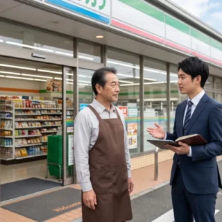 コンビニ店舗前でスーツ姿のコンサルタントと話すオーナー。コンビニ事業のM&Aと会社売却を相談している様子を表す写真。