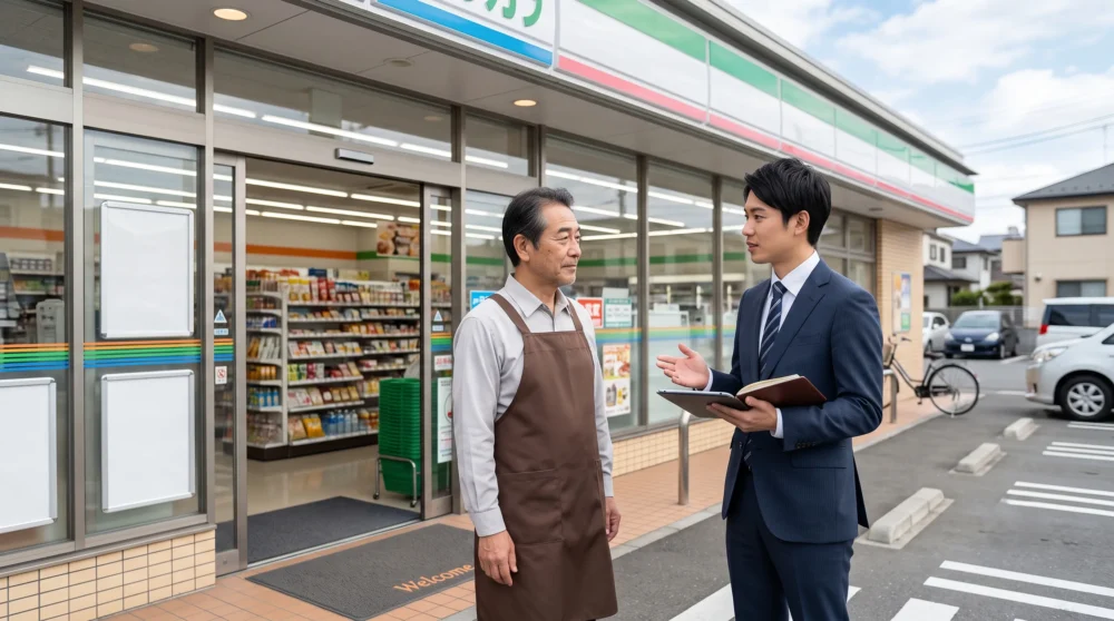 コンビニ店舗前でスーツ姿のコンサルタントと話すオーナー。コンビニ事業のM&Aと会社売却を相談している様子を表す写真。