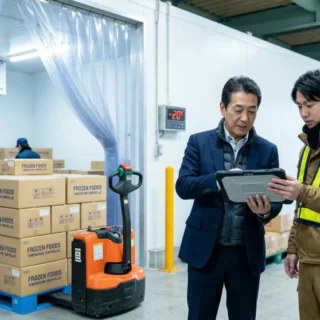 コールドチェーン事業のM&A・会社売却で、確実な温度管理と物流を継承するイメージの冷凍倉庫作業写真。