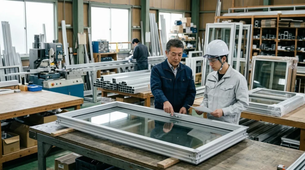 シャッターメーカーのM&A・会社売却を検討する際、自社の製造現場と製品品質を確認する経営者を描いた写真。