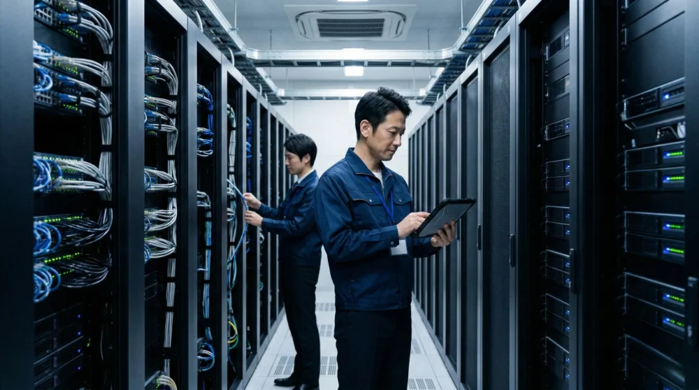 サーバーサービス業界のM&A・会社売却に向けて、データセンターで安定運用を続ける技術者と設備のイメージ