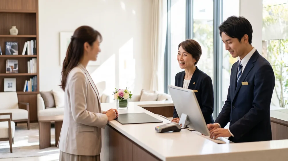 サービス業のM&Aと会社売却における、従業員の笑顔あふれる店舗運営とプロフェッショナルな顧客対応の様子を表現した写真
