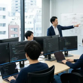 システム受託開発のM&Aで技術と人材を引き継ぐ会社売却のイメージを表す開発現場の写真