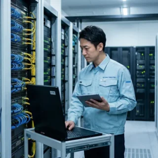 サーバーラックが並ぶデータセンターで、ITインフラとシステム運用の継承を目的としたM&Aを表現。