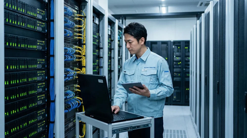 サーバーラックが並ぶデータセンターで、ITインフラとシステム運用の継承を目的としたM&Aを表現。