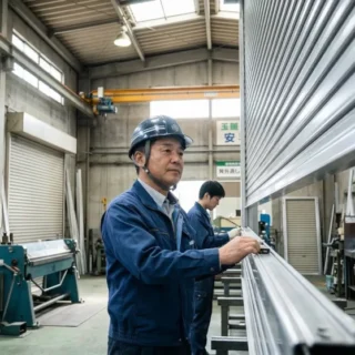 シャッターメーカーのM&A・会社売却を検討する際、自社の製造現場と製品品質を確認する経営者を描いた写真。