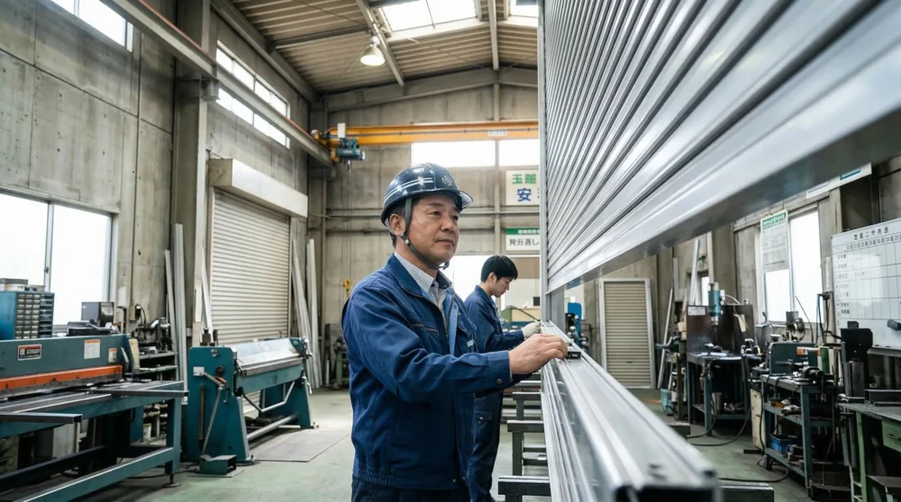 シャッターメーカーのM&A・会社売却を検討する際、自社の製造現場と製品品質を確認する経営者を描いた写真。