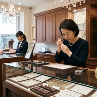 ジュエリー業界のM&A・会社売却で、熟練の鑑定技術と店舗の歴史を受け継ぐ事業承継をイメージした、ショーケース前の写真