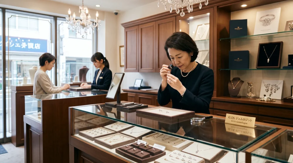 ジュエリー業界のM&A・会社売却で、熟練の鑑定技術と店舗の歴史を受け継ぐ事業承継をイメージした、ショーケース前の写真