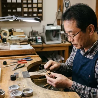 ジュエリー製造・加工業のM&Aと会社売却において、熟練職人の技術と工房の事業継承をイメージした、指輪を加工する実写写真。