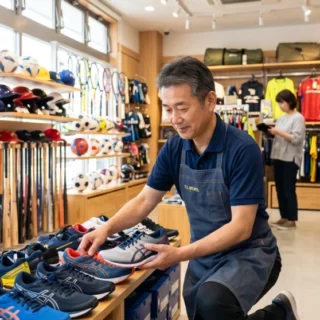 スポーツ用品店のM&A・会社売却で、経営者が店内で商品を整理し事業を引き継ぐイメージを表す実写風画像