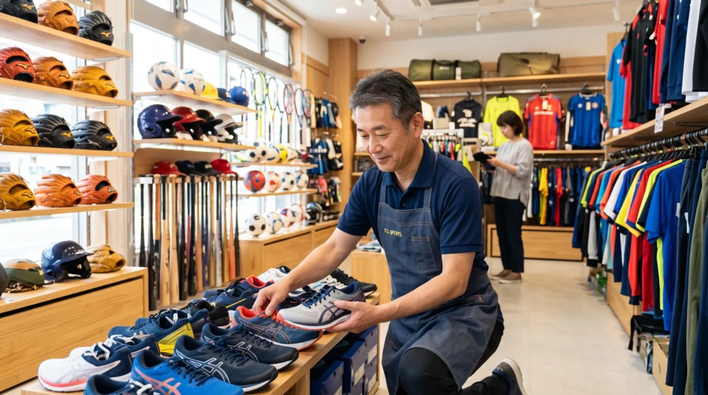 スポーツ用品店のM&A・会社売却で、経営者が店内で商品を整理し事業を引き継ぐイメージを表す実写風画像